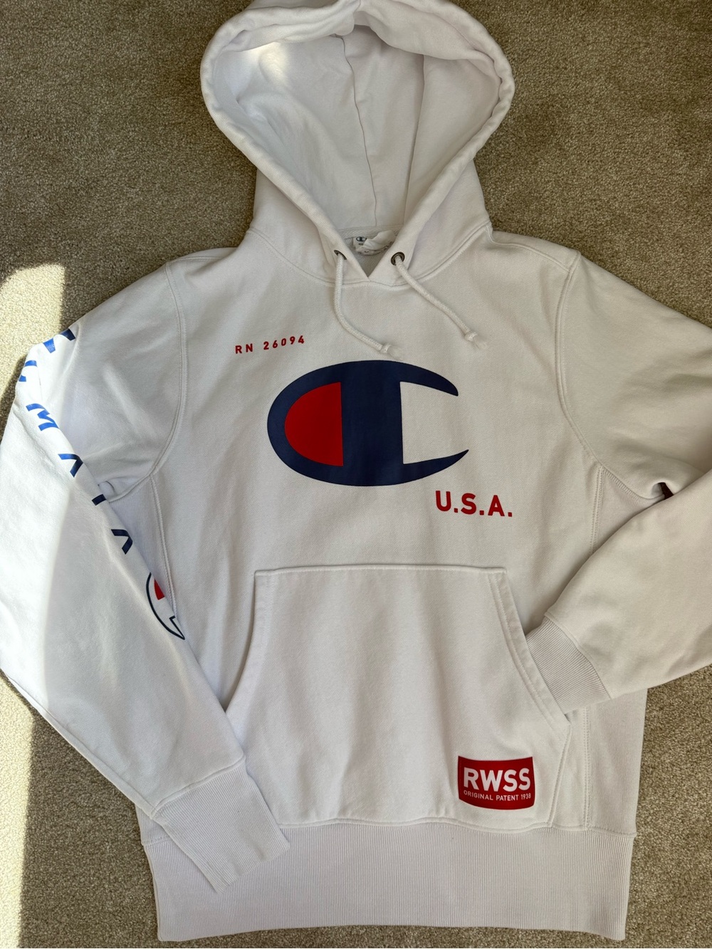 Champion Reverse Weave Hoodie Small White RWSS USA Logo Pullover Sweatshirt